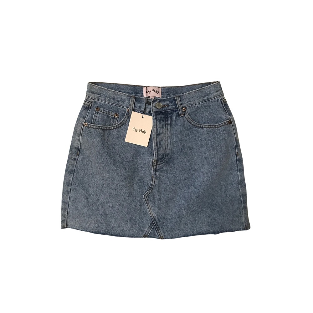 Cry Baby Denim Mini Skirt Medium Wash High Waisted Raw Hem NWT Size M